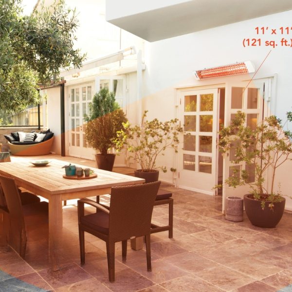 Outdoor patio featuring a wooden dining table with chairs, surrounded by potted plants and a cozy seating area. Includes a wall-mounted heater, dimensions 11' x 11' (121 sq. ft.).