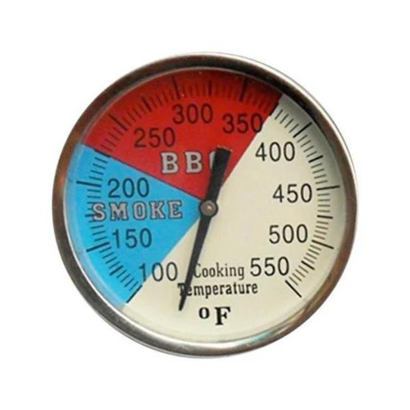 BBQ cooking thermometer with temperature range from 100°F to 550°F, indicating smoke and BBQ zones.