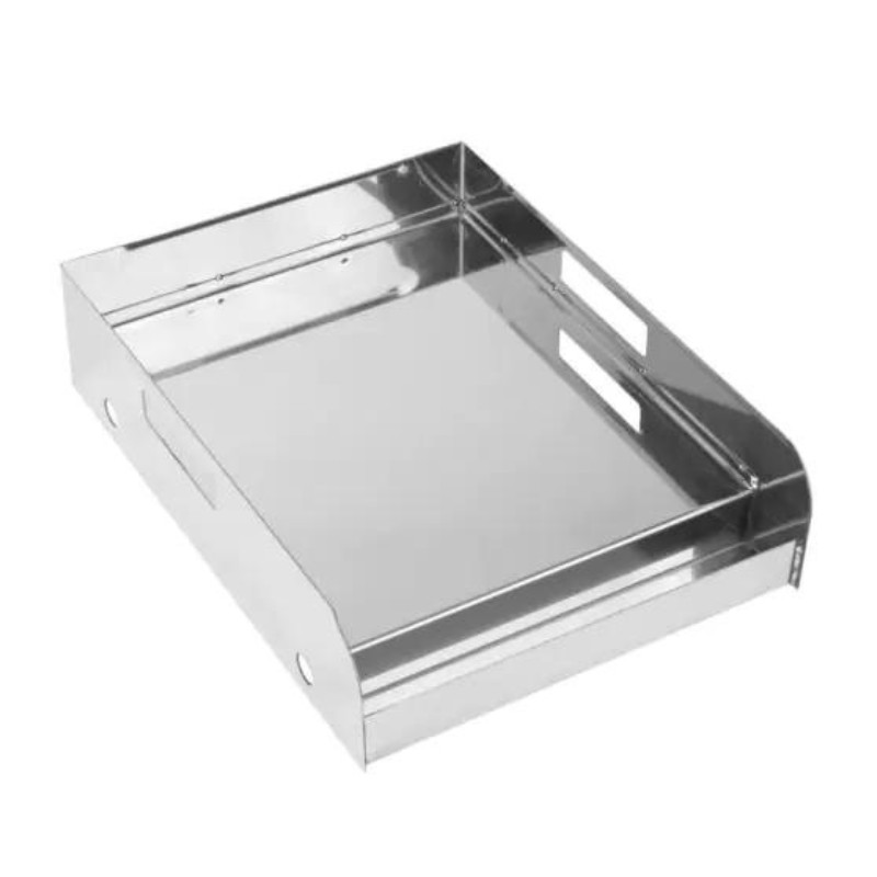Stainless steel serving tray with handles, ideal for kitchen organization and serving food.