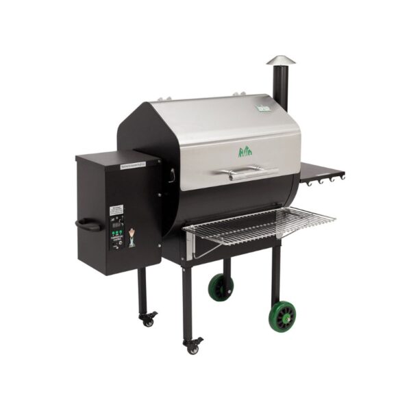 Stainless steel pellet grill with digital control panel, side shelves, and green wheels for easy mobility. Ideal for outdoor cooking and barbecuing.