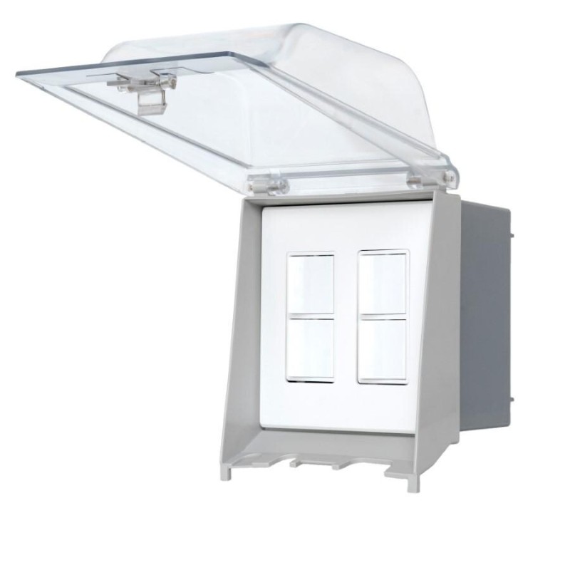 Weatherproof electrical enclosure with transparent cover and dual switch slots, ideal for outdoor electrical installations.