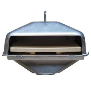 Metal pizza oven with two ceramic baking stones visible inside, designed for outdoor cooking.