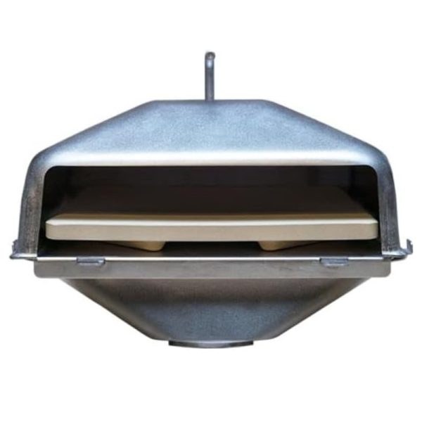 Metal pizza oven with two ceramic baking stones visible inside, designed for outdoor cooking.