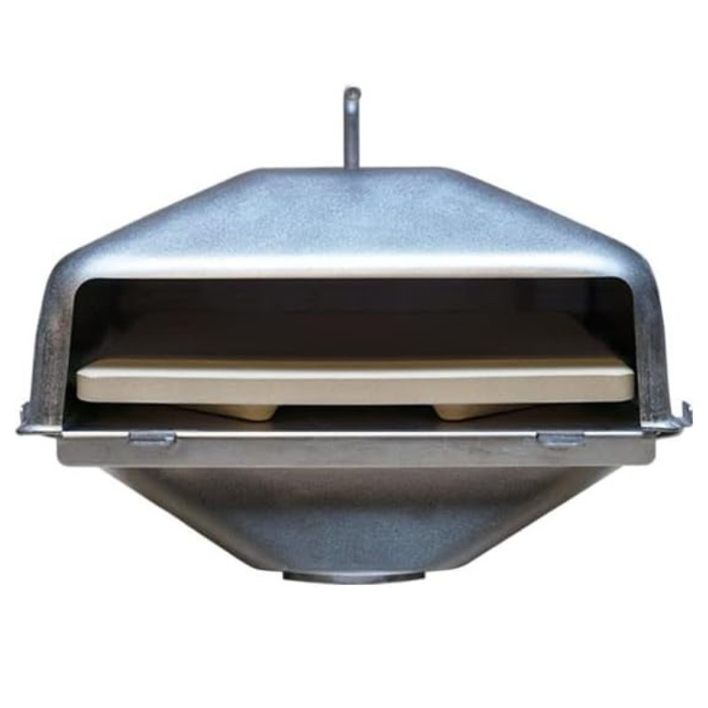 Metal pizza oven with two ceramic baking stones visible inside, designed for outdoor cooking.