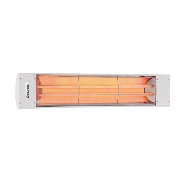 Infrared wall heater with a sleek design, featuring four heating elements and a warm orange glow, ideal for indoor and outdoor heating.
