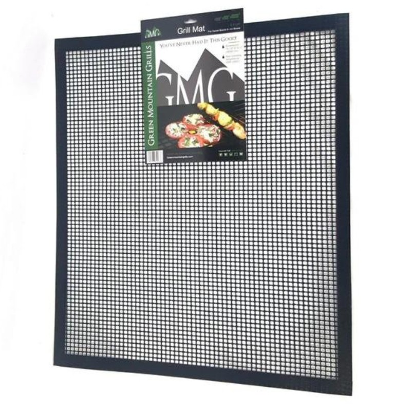 Green Mountain Grills grill mat designed for outdoor cooking, featuring a non-stick surface and a grid pattern for even heat distribution. Ideal for grilling vegetables, seafood, and smaller food items.