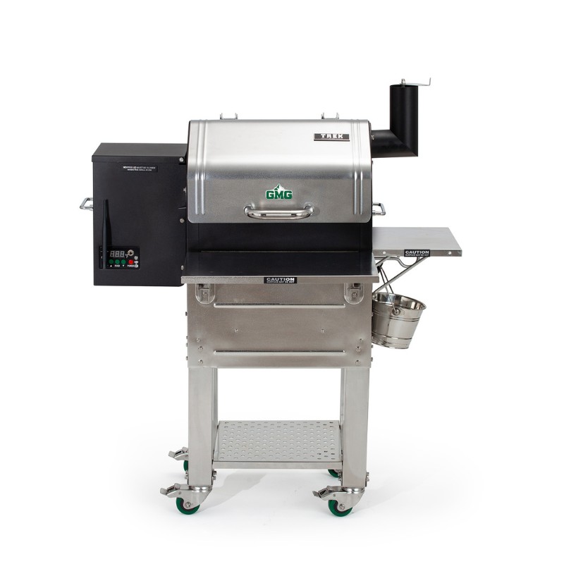 Stainless steel GMG pellet grill with digital controls, side shelf, and grease bucket for outdoor cooking.