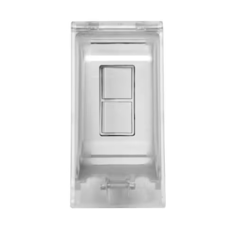 Clear plastic switch cover with two rocker switches for electrical applications.