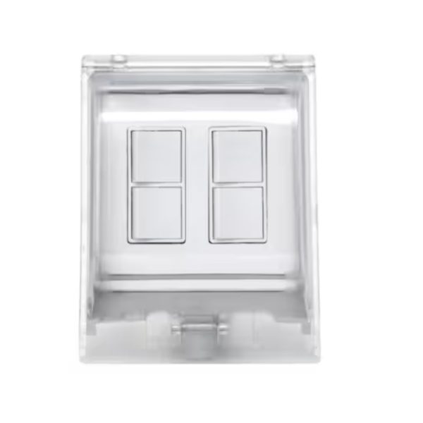 Clear plastic electrical switch cover with two rectangular switch openings, designed for modern light switches.