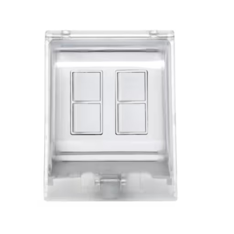 Clear plastic electrical switch cover with two rectangular switch openings, designed for modern light switches.