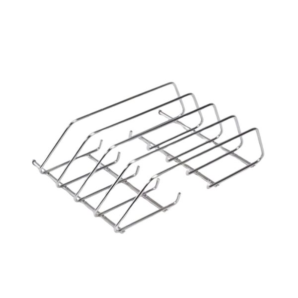 Stainless steel multi-tiered dish rack for organized drying and storage of plates and utensils.