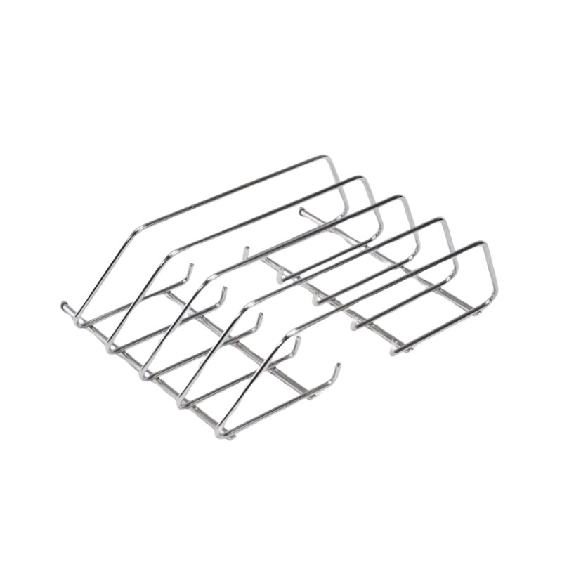 Stainless steel multi-tiered dish rack for organized drying and storage of plates and utensils.