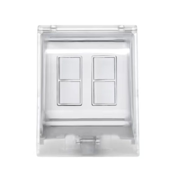 Clear double light switch cover with two square switch openings, designed for modern electrical installations.
