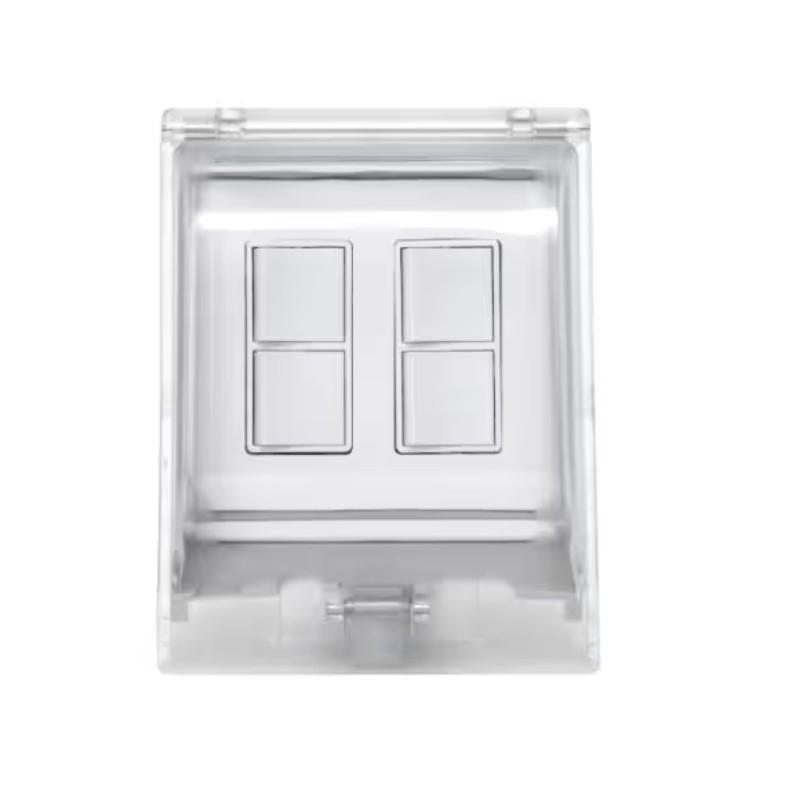 Clear double light switch cover with two square switch openings, designed for modern electrical installations.
