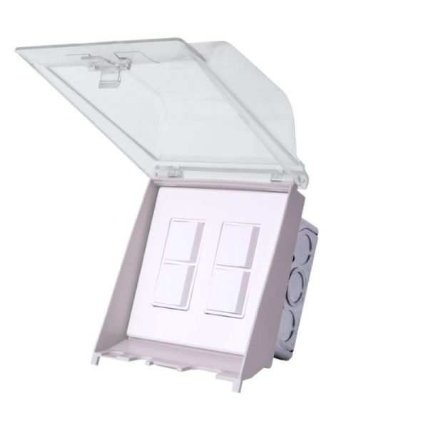 Weatherproof electrical switch cover with transparent lid and double switch configuration, designed for outdoor use.