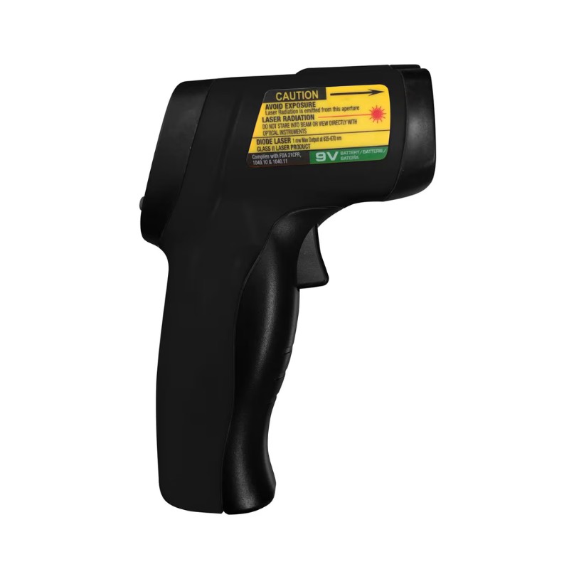Black laser thermometer with caution label, designed for measuring temperature without direct contact.