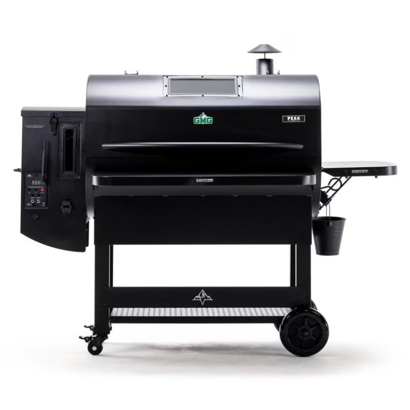 xr:d:DAF8-oWO3MU:215,j:1718547709688973943,t:24041017 GMG Peak pellet grill with digital controls, side shelf, and storage bucket, designed for efficient outdoor cooking.