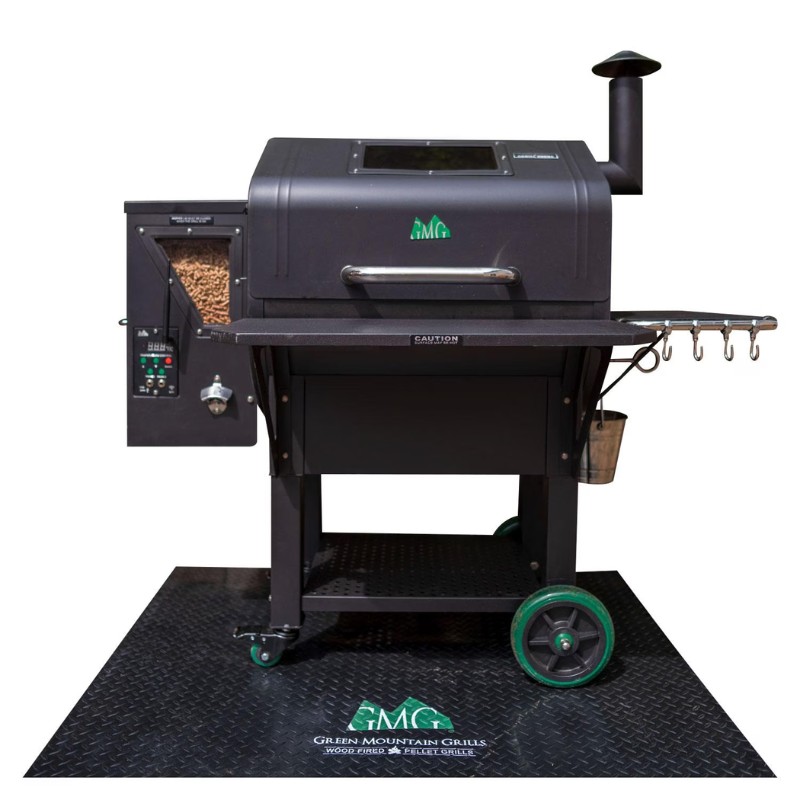 Black wood-fired pellet grill with digital controls and a large cooking area, featuring a side shelf, utensil hooks, and a pellet hopper. Ideal for outdoor cooking and grilling.