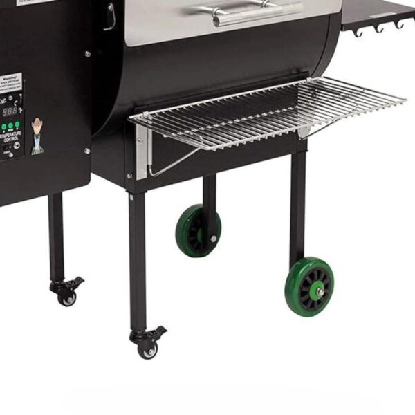 Black pellet grill with stainless steel components, featuring a digital temperature control panel, a removable cooking grate, and sturdy wheels for mobility.