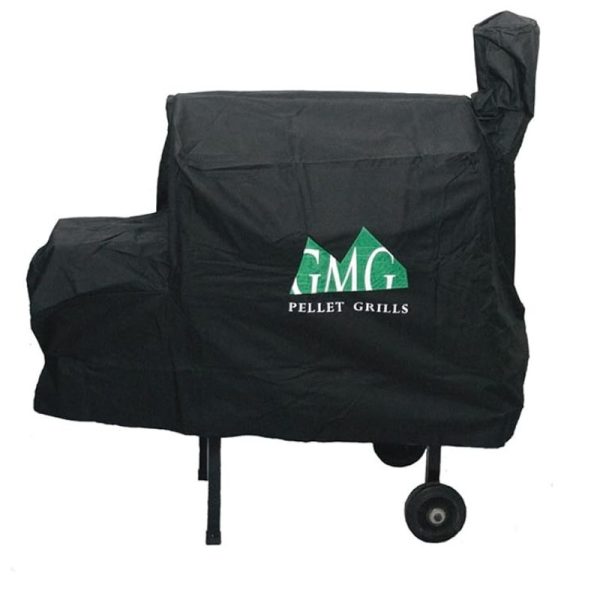 Black grill cover for GMG pellet grills, designed for protection against weather and outdoor elements.