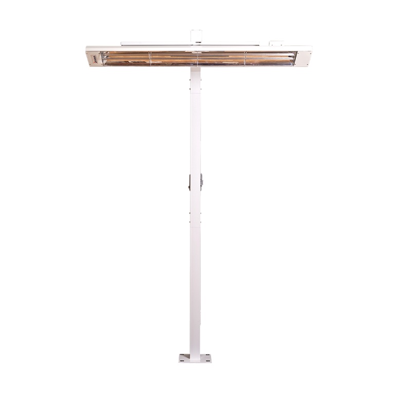 Freestanding outdoor infrared heater with a sleek white design, ideal for patios and outdoor spaces.