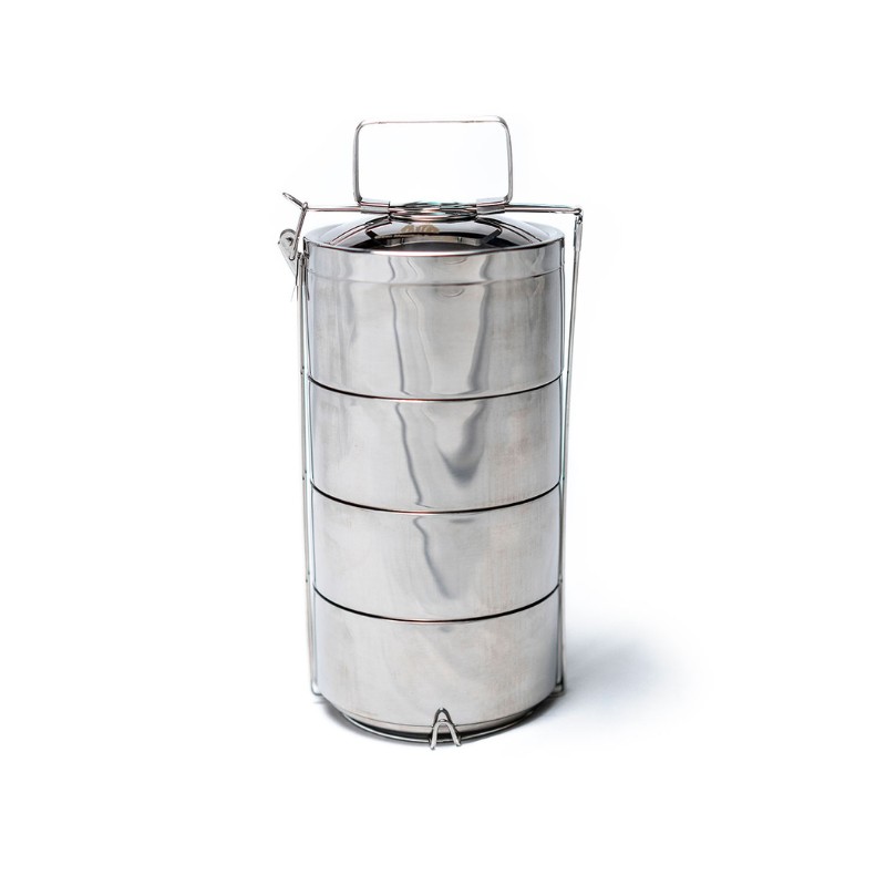 Stainless steel tiffin lunch box with four stacked containers, perfect for meal prep and on-the-go dining.