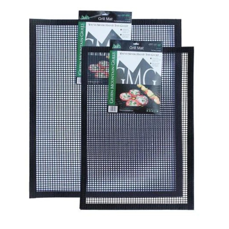 Two grill mats from Green Mountain Grills, featuring a non-stick surface for easy grilling and cooking. Ideal for preventing food from falling through grill grates.