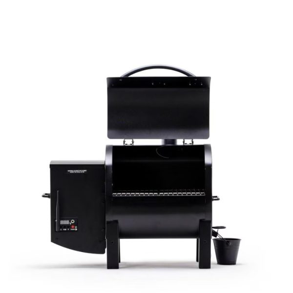 Black pellet grill with digital control panel and side bucket for grease collection, showcasing a sleek design suitable for outdoor cooking.