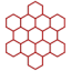 Red hexagonal honeycomb pattern on a black background, illustrating geometric design and structure.