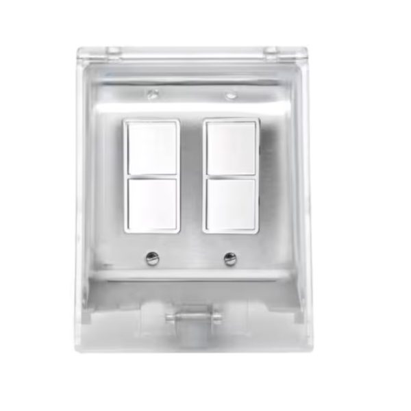Modern stainless steel light switch panel with four buttons in a clear cover.