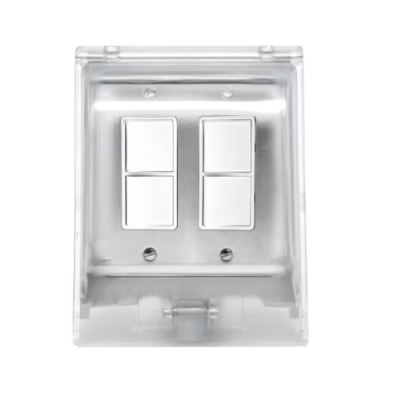 Modern stainless steel light switch panel with four buttons in a clear cover.
