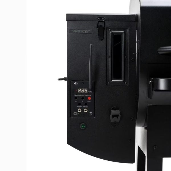 Control panel of a digital pellet grill featuring temperature display, probe inputs, and Wi-Fi connectivity options.