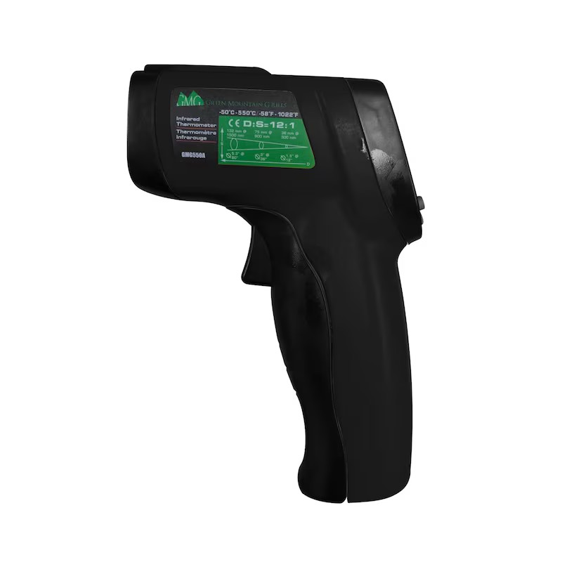 Black infrared thermometer gun for accurate temperature measurement, featuring a clear display and ergonomic handle. Ideal for various applications, including industrial and home use.