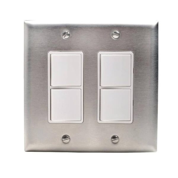 Double light switch with white buttons on a stainless steel plate.