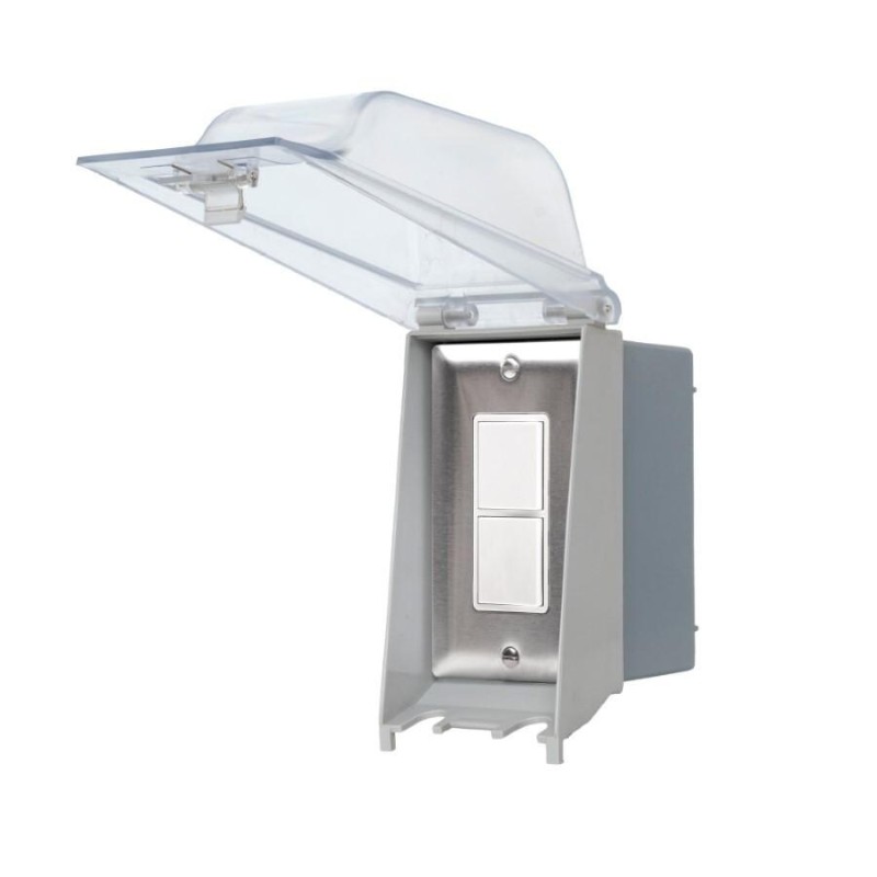 Weatherproof electrical switch enclosure with a clear protective cover and dual switches, designed for outdoor use.
