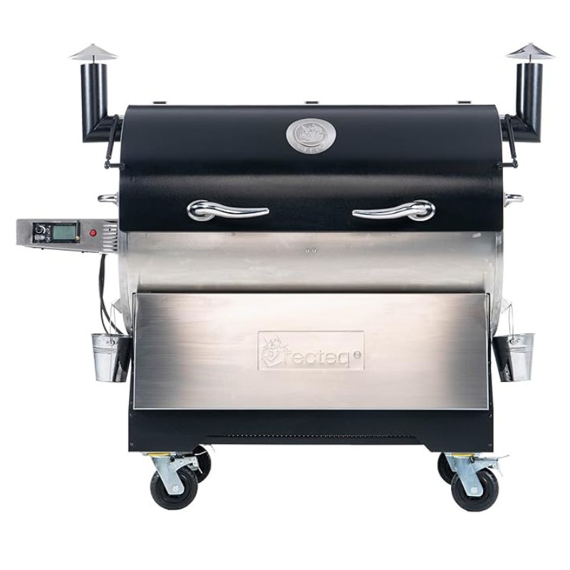 Black pellet grill with stainless steel front, digital control panel, and dual smoke stacks, mounted on wheels for easy mobility.