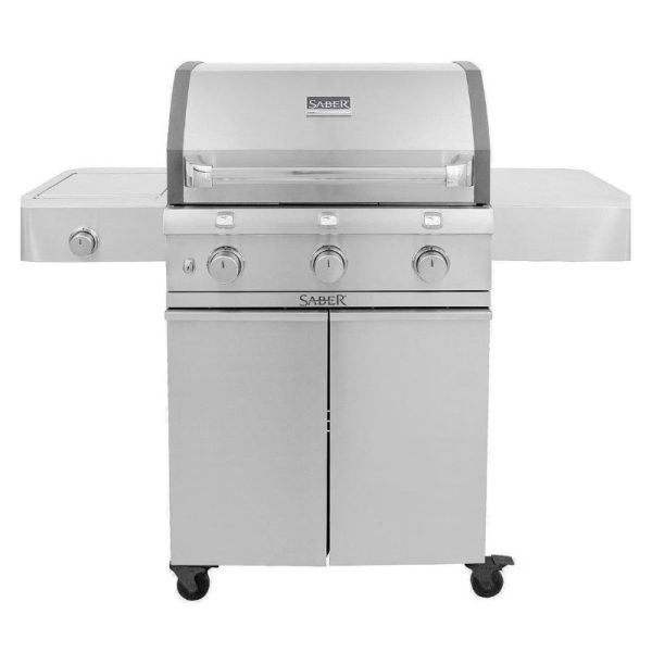 Stainless steel Saber gas grill with three burners, side shelves, and wheels for easy mobility. Perfect for outdoor cooking and barbecuing.