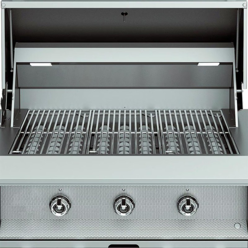 Stainless steel gas grill with an open lid, featuring multiple cooking grates and control knobs for temperature adjustment.