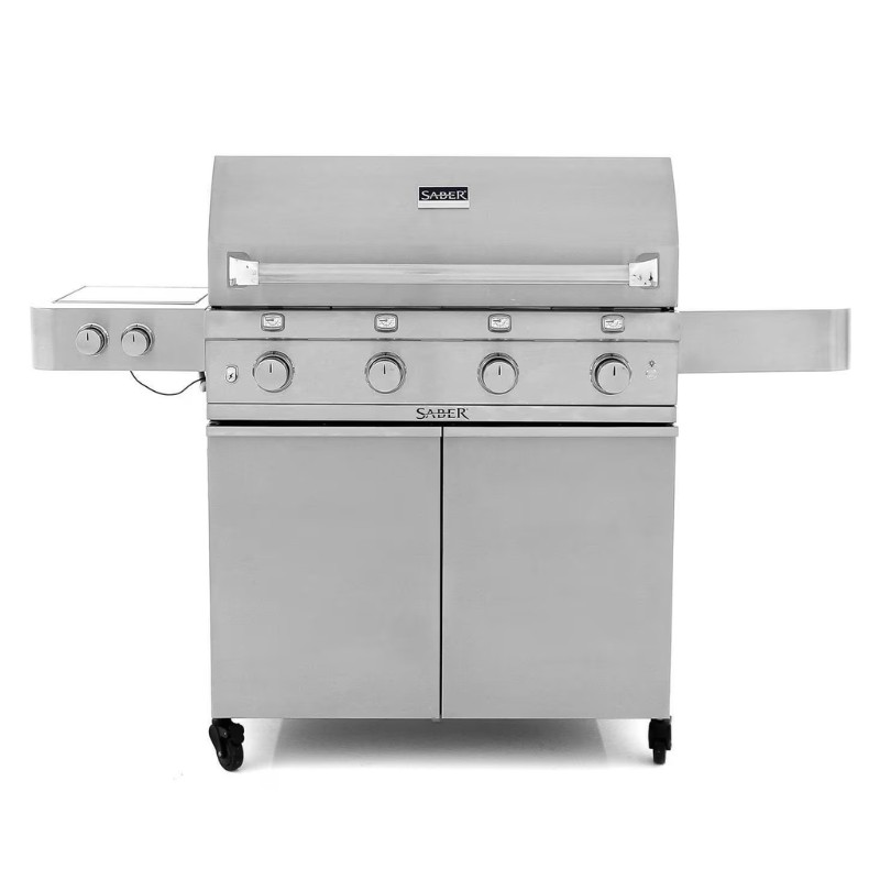 Stainless steel gas grill with four burners, side shelf, and storage cabinet, designed for outdoor cooking.