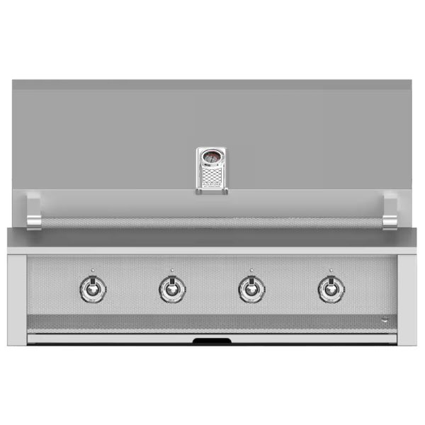 Stainless steel outdoor grill with four burners and built-in thermometer, designed for efficient cooking and durability.