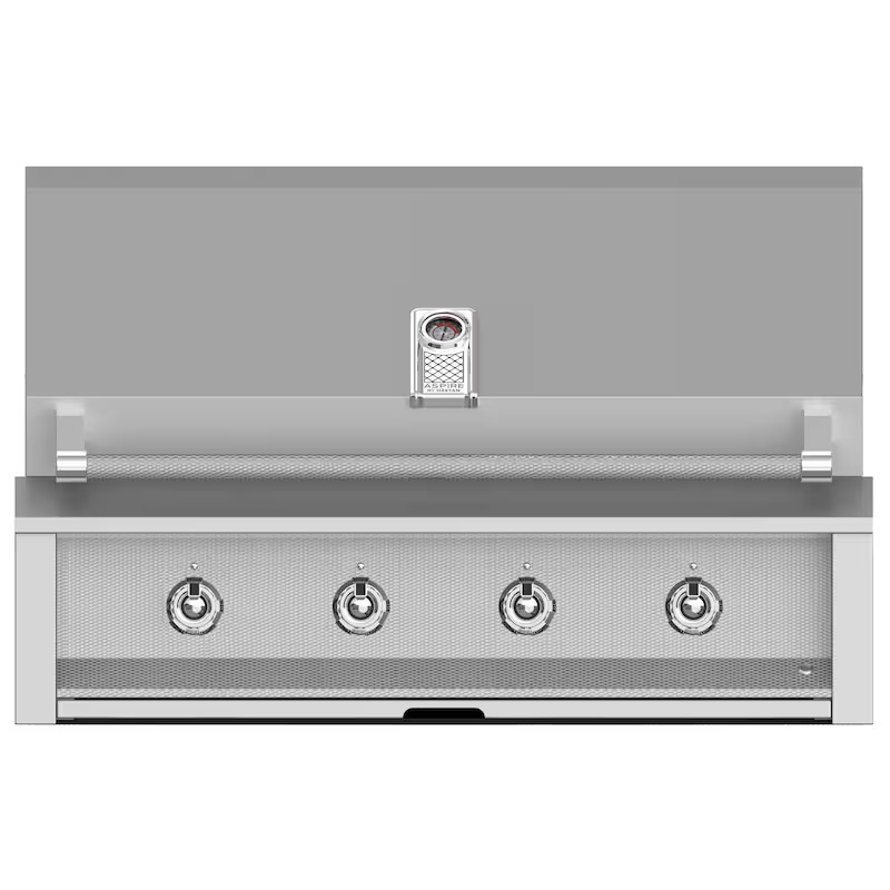 Stainless steel outdoor grill with four burners and built-in thermometer, designed for efficient cooking and durability.