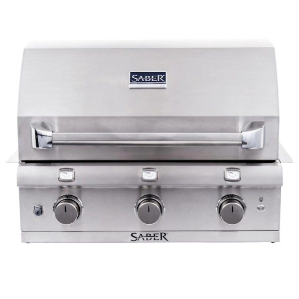 Saber stainless steel gas grill with three control knobs and a sleek design, ideal for outdoor cooking.