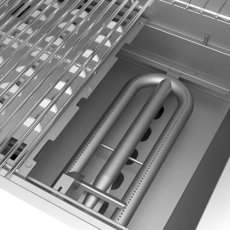 Close-up of a stainless steel gas grill burner with grates, highlighting its durable construction and efficient heat distribution for outdoor cooking.