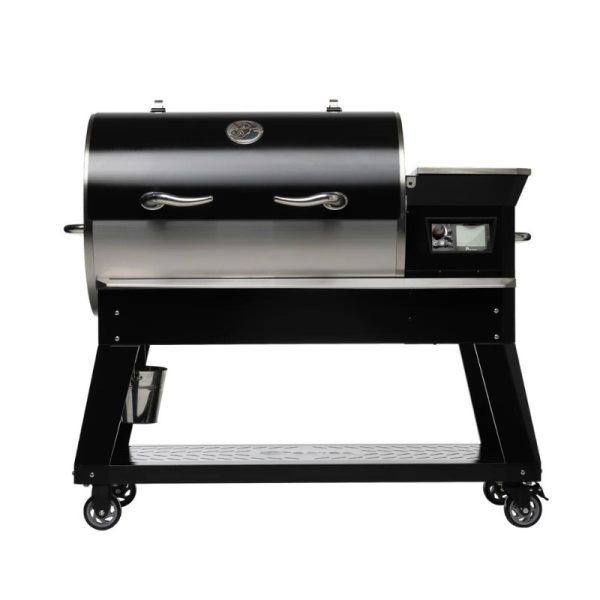 Black and stainless steel pellet grill with digital control, featuring two handles and a side shelf on wheels for easy mobility.