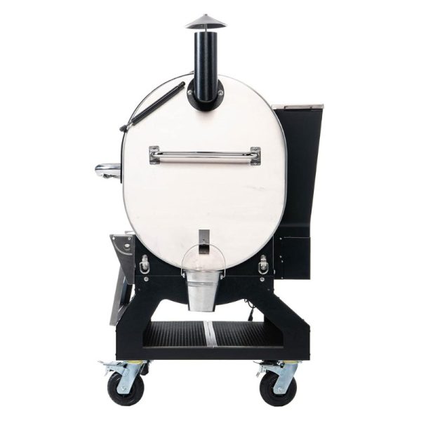 Stainless steel outdoor smoker with a black cart and wheels, featuring a chimney and side handle for easy maneuverability.