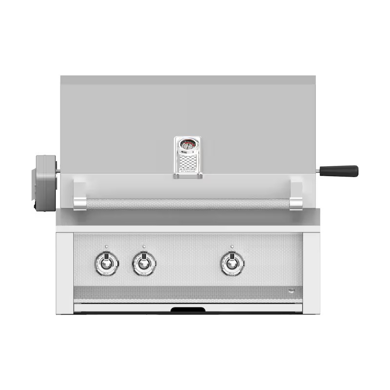 Stainless steel outdoor grill with three burners, temperature gauge, and side handle for easy operation.