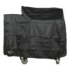 Black protective cover for a cart, designed to shield against dust and weather, featuring durable material and wheels for easy mobility.