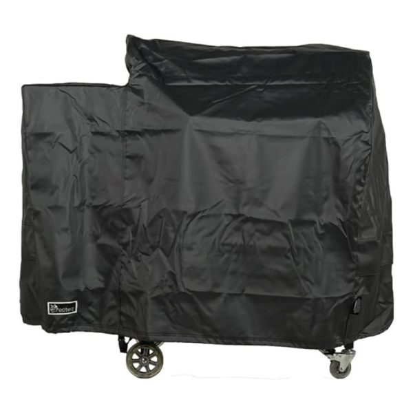 Black protective cover for a cart, designed to shield against dust and weather, featuring durable material and wheels for easy mobility.
