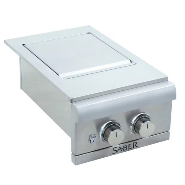 Saber outdoor kitchen gas grill with two control knobs and a stainless steel finish, designed for efficient grilling and cooking.