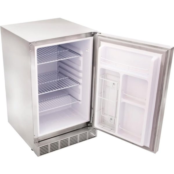 Stainless steel refrigerator with an open door, featuring adjustable shelves and a built-in freezer compartment. Ideal for kitchens or small spaces.